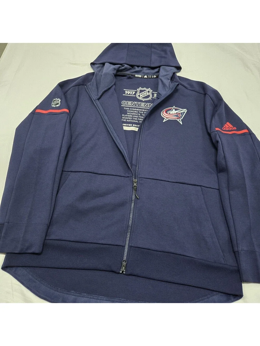 EUC Size XL Adidas Columbus Blue Jackets Centennial Hoodie Zip Up Graphic 2017